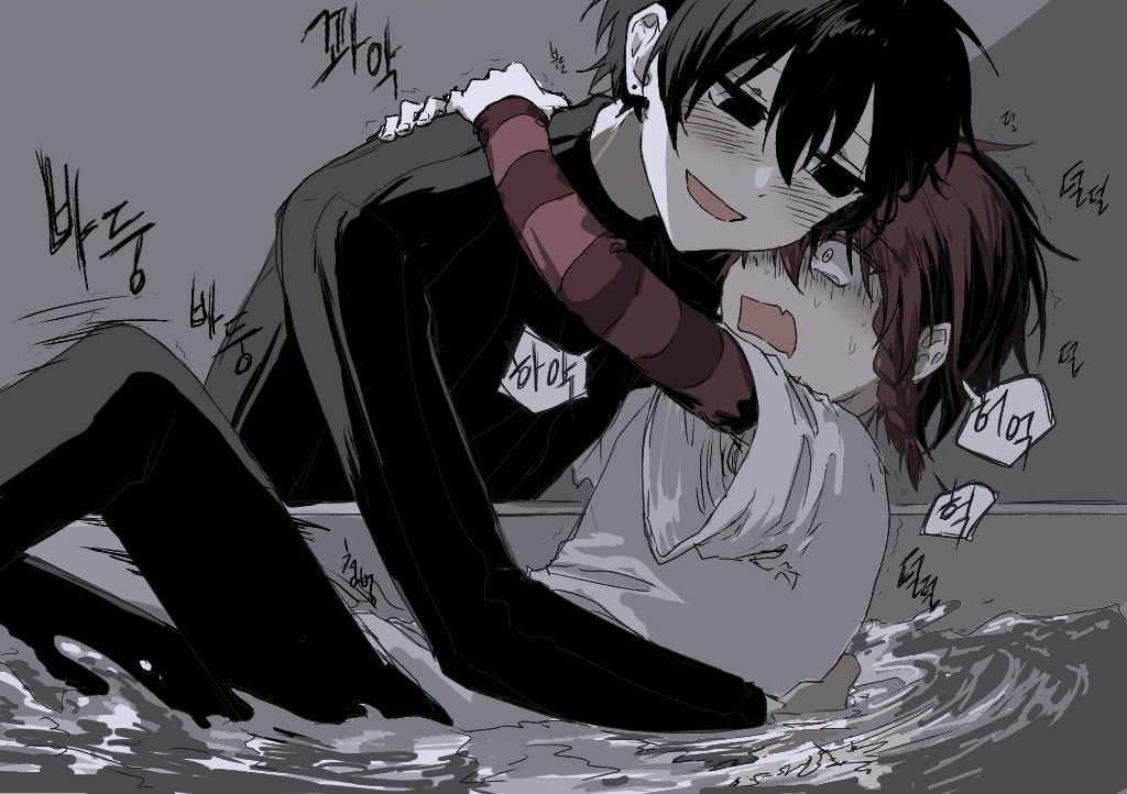 2boys, bathtub, black_eyes, black_hair, black_pants, black_shirt, blush, braid