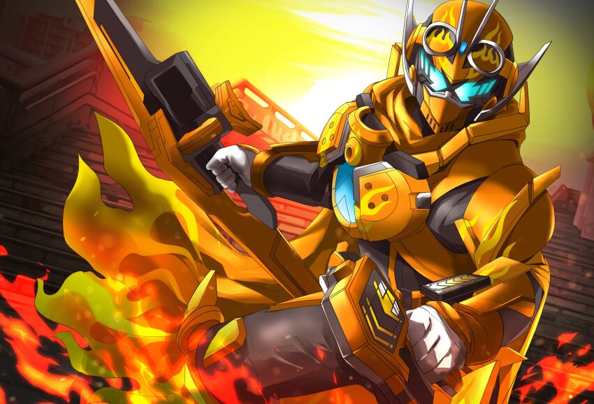 1boy, antennae, armor, black_bodysuit, blue_eyes, bodysuit, bug, cape, chemy_riser, gate, gauntlets, goggles, goggles_on_head, gotcha_driver, gotchartornado, grasshopper, gun, highres, holding, holding_gun, holding_weapon, ichinose_houtarou_(future), insect, ishimori_prod, jumping, kamen_rider, kamen_rider_gotchard_(series), kamen_rider_gotchard_daybreak, leg_armor, male_focus, miyabi_(037), orange_armor, orange_cape, orange_theme, railing, scarf, shoulder_armor, solo, stairs, standing, steam_hopper, toei_company, tokusatsu, train, weapon