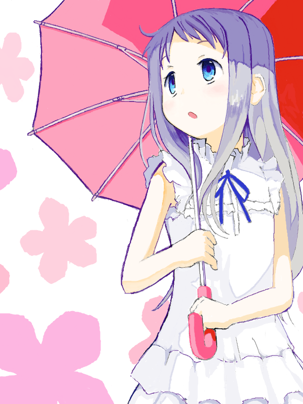 1girl, :o, ano_hi_mita_hana_no_namae_wo_bokutachi_wa_mada_shiranai., bad_drawr_id, bad_id, bare_arms, blue_eyes, blue_ribbon