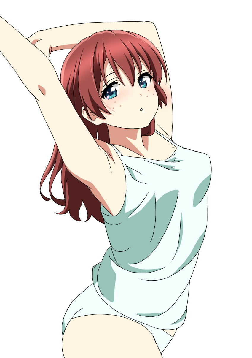 1girl, absurdres, aqua_eyes, armpits, emma_verde, highres, long_hair, looking_at_viewer, love_live!, love_live!_nijigasaki_high_school_idol_club, panties, rainen_no_natsu_mo, red_hair, simple_background, solo, standing, underwear