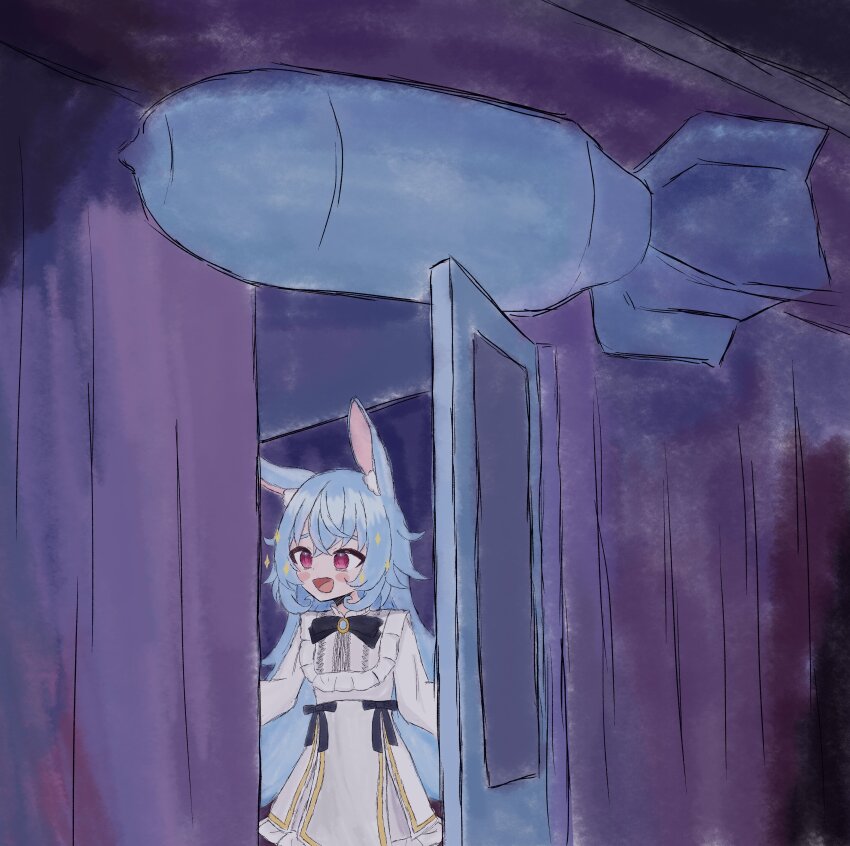 1girl, :d, absurdres, animal_ear_fluff, animal_ears, atop_door, blue_hair, bomb