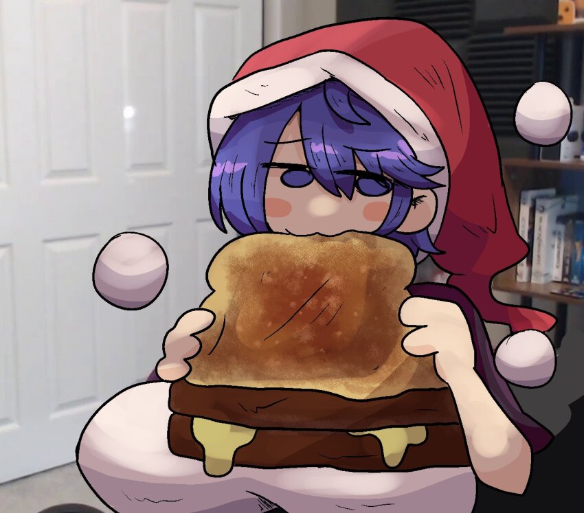 1girl, :3, black_capelet, blue_eyes, blue_hair, blush, bread, bread_slice, breasts, capelet, cheese, doremy_sweet, dream_soul, dress, eating, food, grilled_cheese, hat, jerma985, jerma985_eating_a_whopper_(meme), large_breasts, legacy_of_lunatic_kingdom, looking_at_viewer, meme, nightcap, notnoe_(dxcl), pom_pom_(clothes), red_headwear, santa_hat, shirt, short_hair, short_sleeves, smile, tail, tapir_tail, toast, touhou, white_shirt