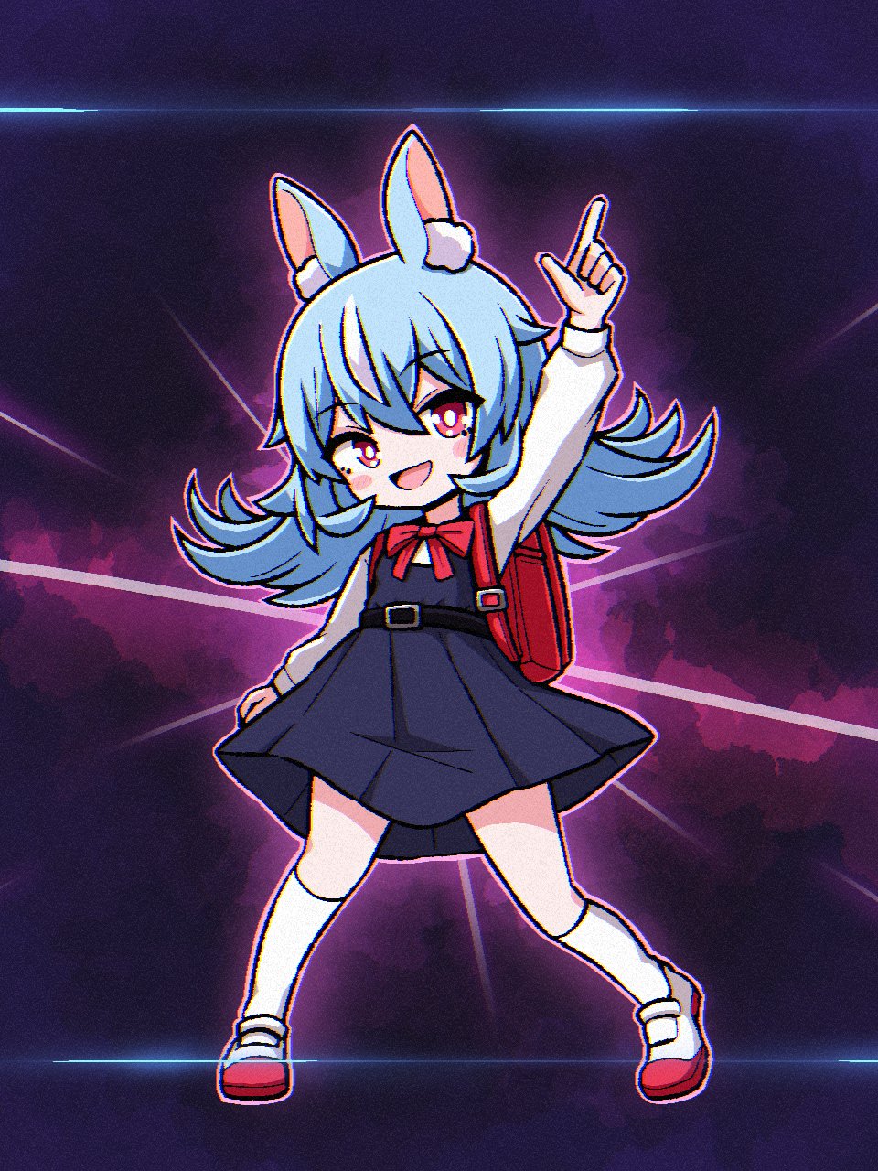 1girl, :d, animal_ears, backpack, bag, belt, black_dress, blue_hair