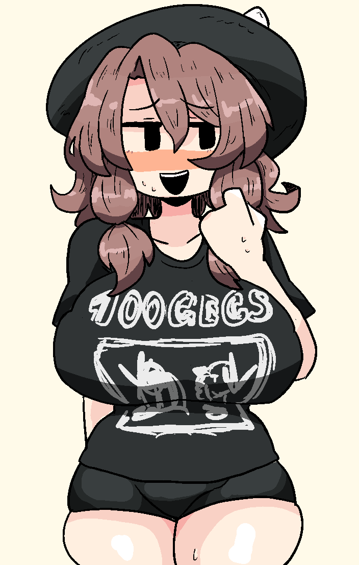 100_gecs, 1girl, band_shirt, bike_shorts, black_eyes, black_headwear, black_shirt, black_shorts, blush, bow, brown_hair, glasses, hat, hat_bow, low_twintails, merchandise, nose_blush, notnoe_(dxcl), open_mouth, shirt, short_hair, shorts, sweat, touhou, twintails, urban_legend_in_limbo, usami_sumireko, white_bow