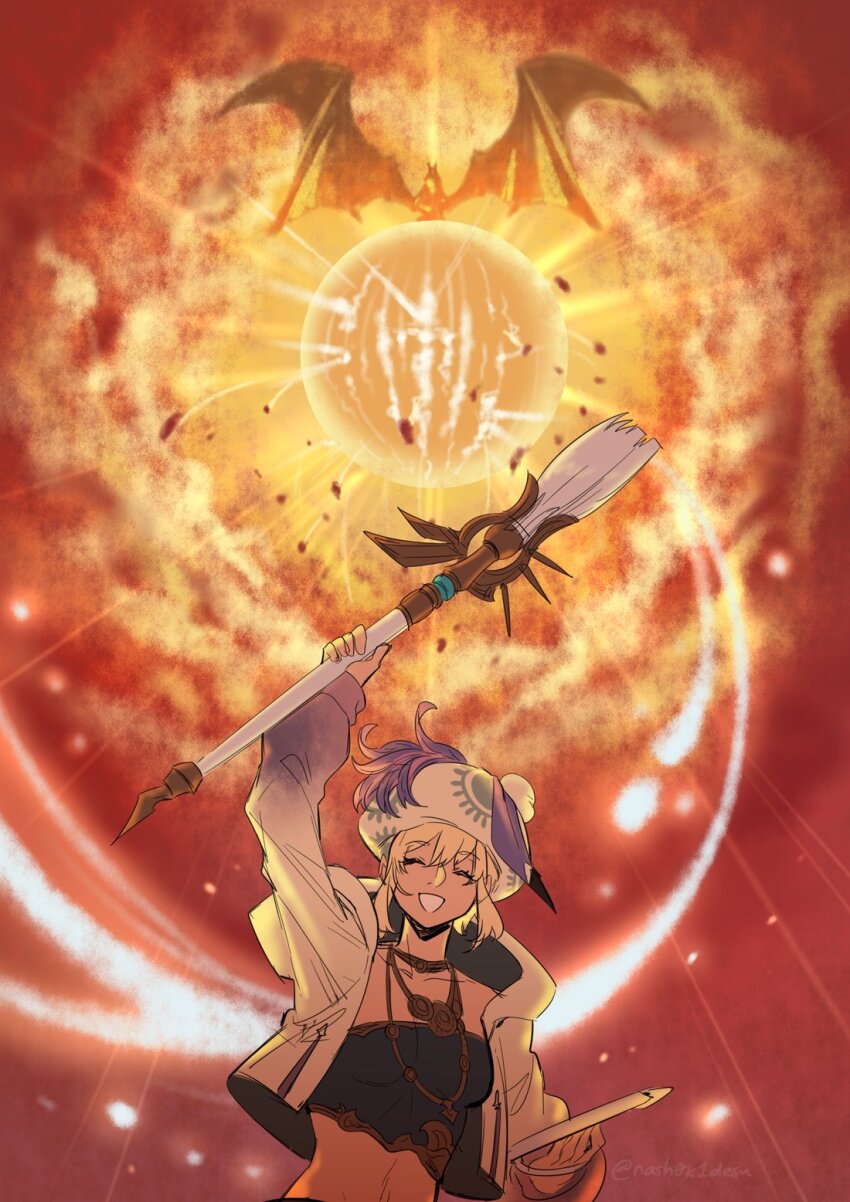 1girl, bahamut_(final_fantasy), blonde_hair, dalamud_(moon), final_fantasy, final_fantasy_xiv, hat, highres