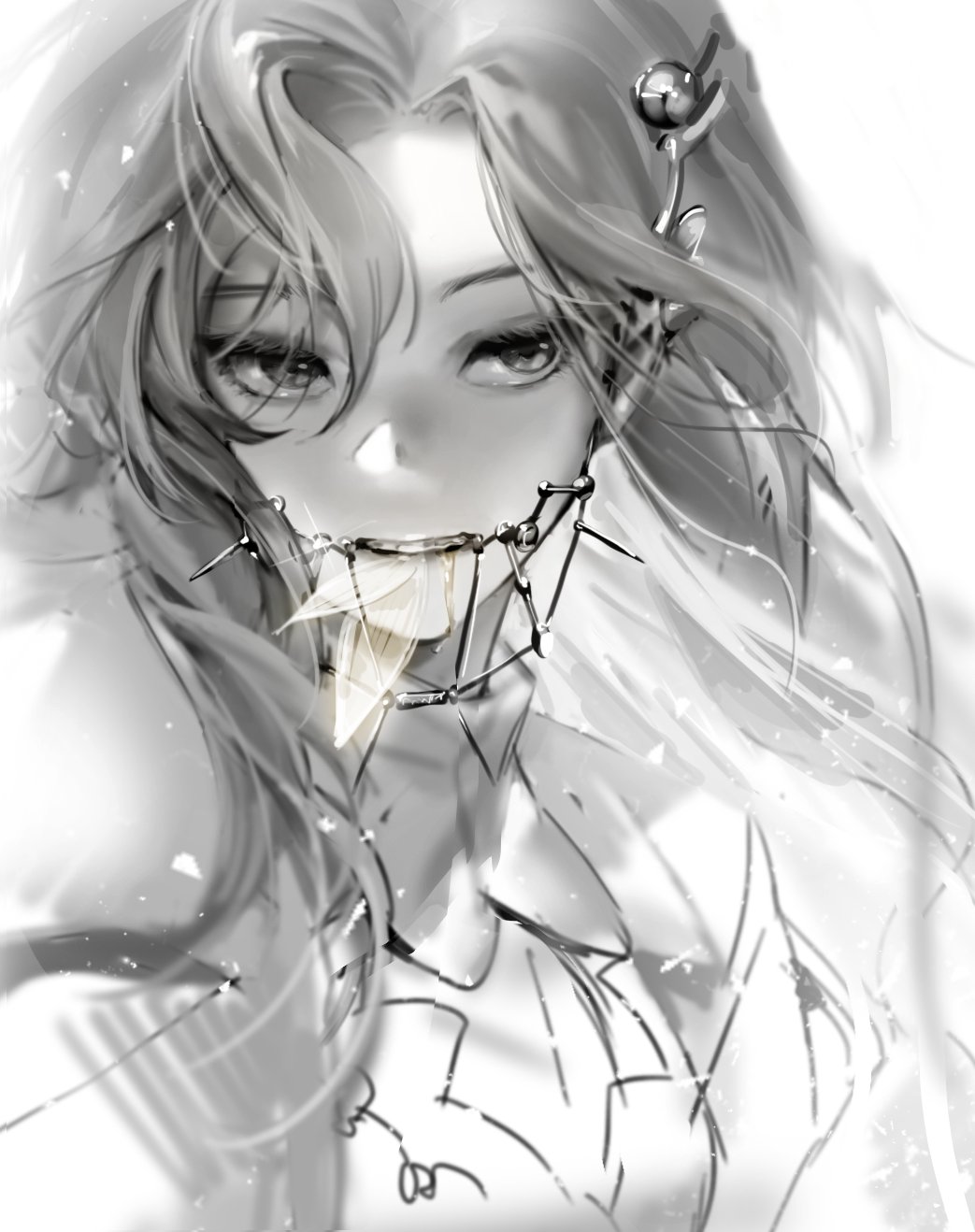 1girl, animal_in_mouth, braces, closed_mouth, commentary_request, dress, fairy, greyscale, highres, korean_commentary, long_hair, monochrome, nell_ro, reverse:1999, simple_background, solo, spot_color, tooth_fairy_(reverse:1999), upper_body, white_background