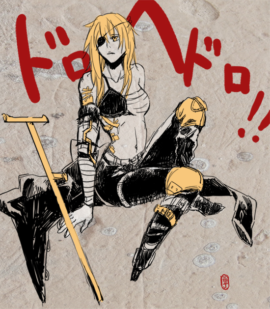 1girl, amputee, bad_id, bad_pixiv_id, bandages, crutch, dorohedoro, eyepatch