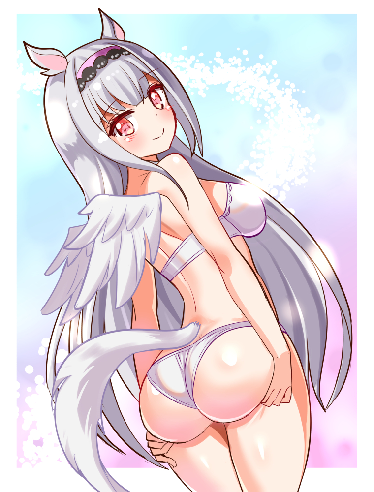 1girl, aletta_sky, angel_wings, animal_ears, ass, ass_support, back, bikini, breasts, closed_mouth, commentary, commission, cougar_(cougar1404), cowboy_shot, dutch_angle, from_behind, grey_hair, hairband, long_hair, looking_at_viewer, looking_back, medium_breasts, pink_eyes, production_kawaii, purple_hairband, smile, solo, standing, star-shaped_pupils, star_(symbol), swimsuit, symbol-shaped_pupils, tail, very_long_hair, virtual_youtuber, wedgie, white_bikini, white_wings, wings
