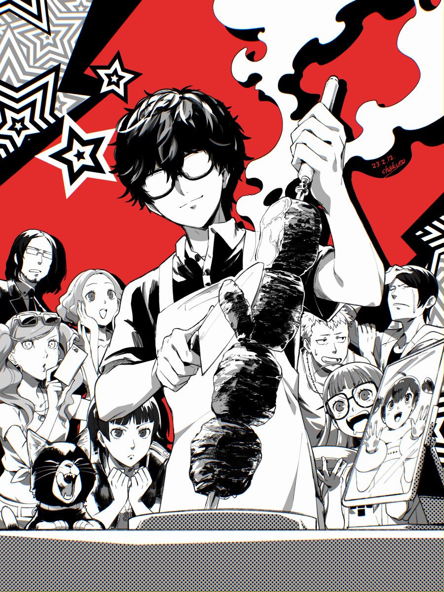 4boys, 5girls, ahoge, amamiya_ren, apron, braid, cat, cha_kuro_(limo)