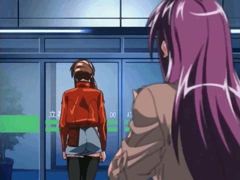 2girls, animated, animated_gif, anime_screenshot, ass, brown_hair, imari_kurumi, long_hair, miniskirt, multiple_girls, purple_hair, shin_bible_black, side_ponytail, skirt, thighhighs, tokken_division, walking_away, zettai_ryouiki