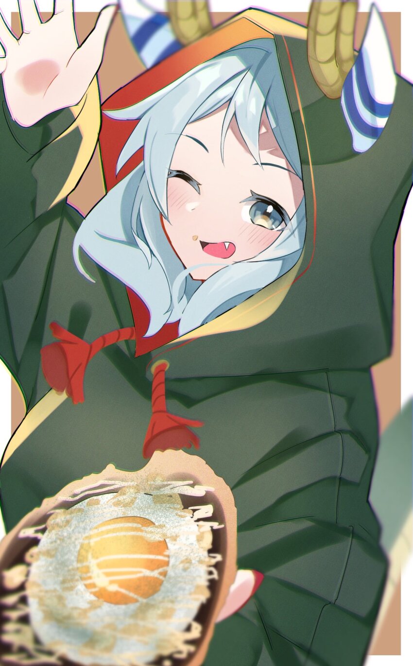 1girl, ;d, alternate_costume, animal_ears, chinese_zodiac, dragon_horns, ear_covers, fake_horns