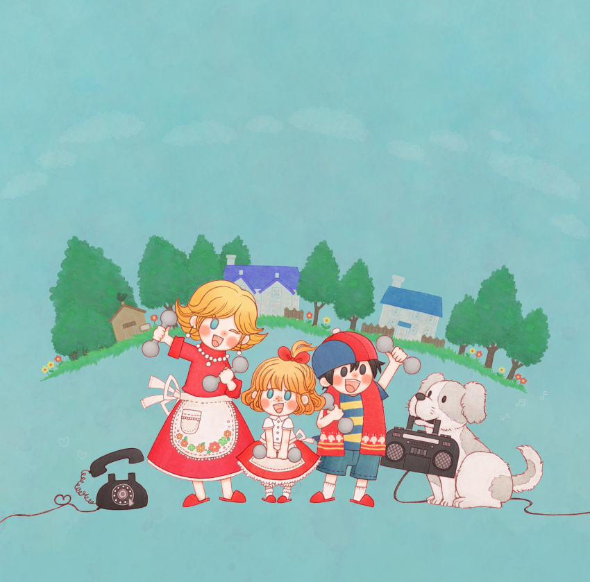 1boy, 2girls, apron, black_eyes, black_hair, blonde_hair, blue_eyes, boombox