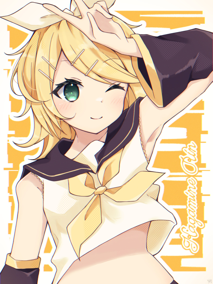 1girl, armpits, blonde_hair, blush, bow, character_name, crop_top, detached_sleeves