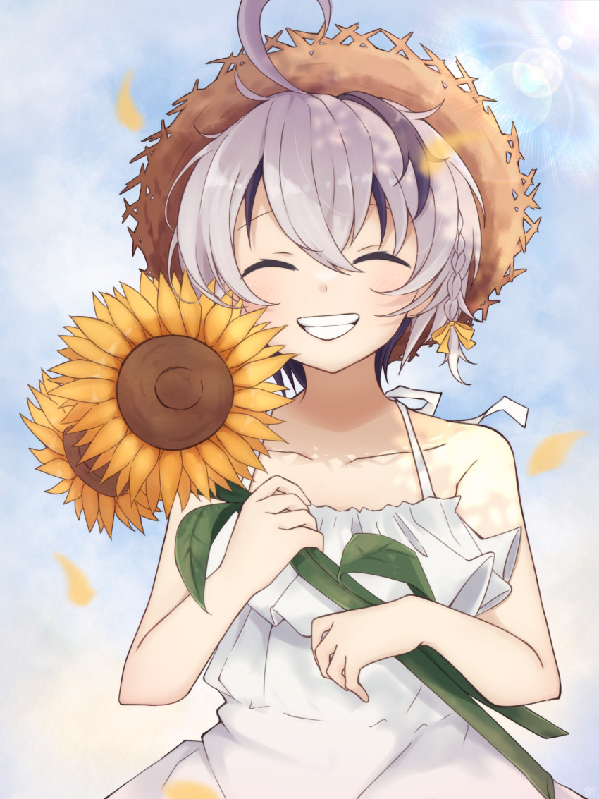 1girl, ahoge, braid, closed_eyes, dress, facing_viewer, flower, flower_(vocaloid)