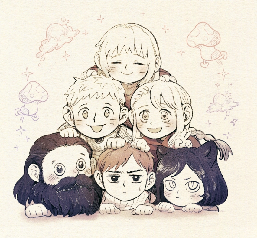3boys, 3girls, :d, alternate_species, animal_ears, annoyed, asymmetrical_bangs, beard