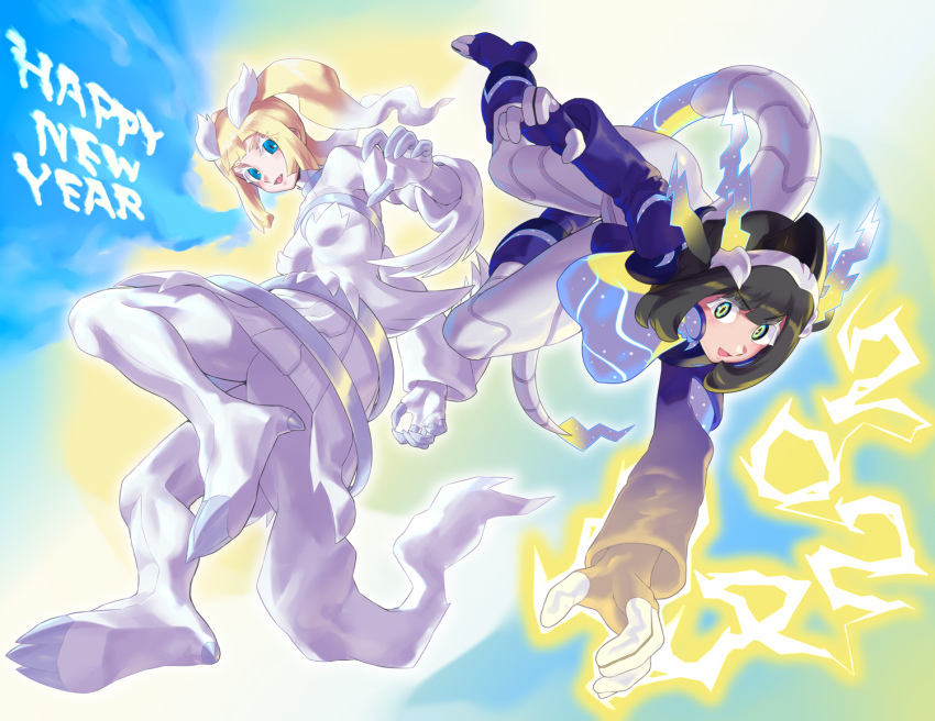 2girls, black_hair, blonde_hair, blunt_bangs, blush, breasts, cosplay, costume