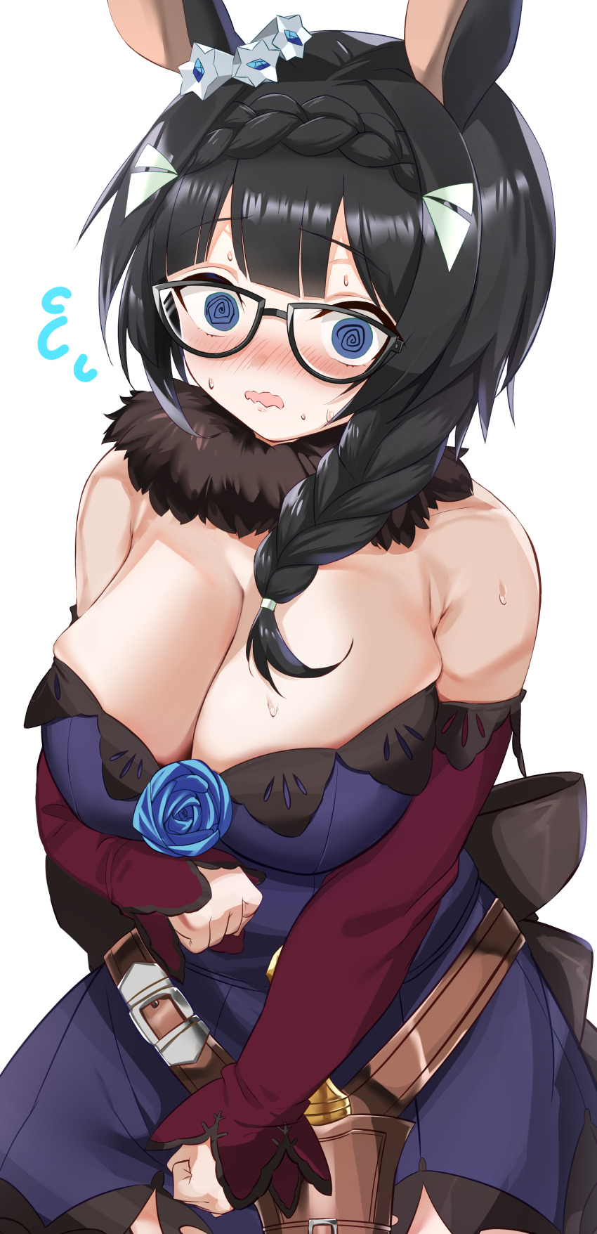 1girl, @_@, absurdres, alternate_costume, belt, blue_eyes, blush, braid