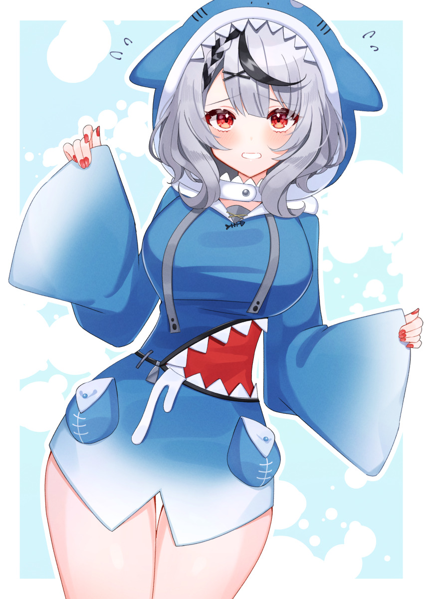 1girl, absurdres, breasts, cosplay, gawr_gura_(cosplay), grey_hair, highres, hololive