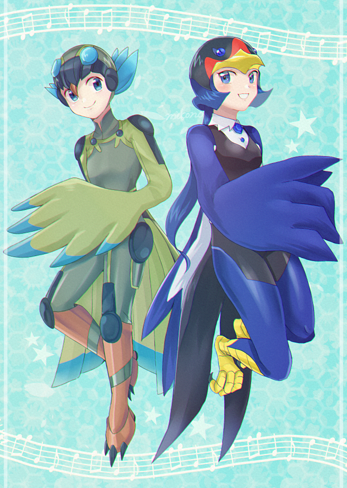 2girls, armored_boots, beamed_eighth_notes, bird_hair_ornament, bird_legs, bird_tail, blue_background, blue_eyes