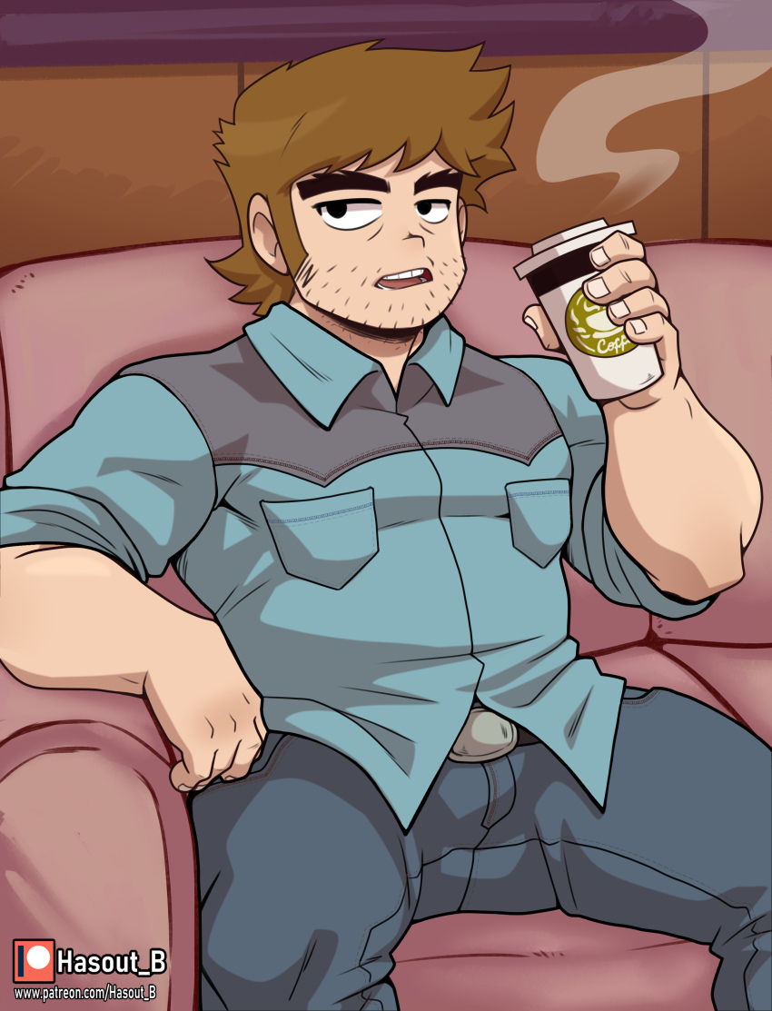1boy, absurdres, arts_of_hasarath, bara, beard_stubble, belt, brown_hair, couch
