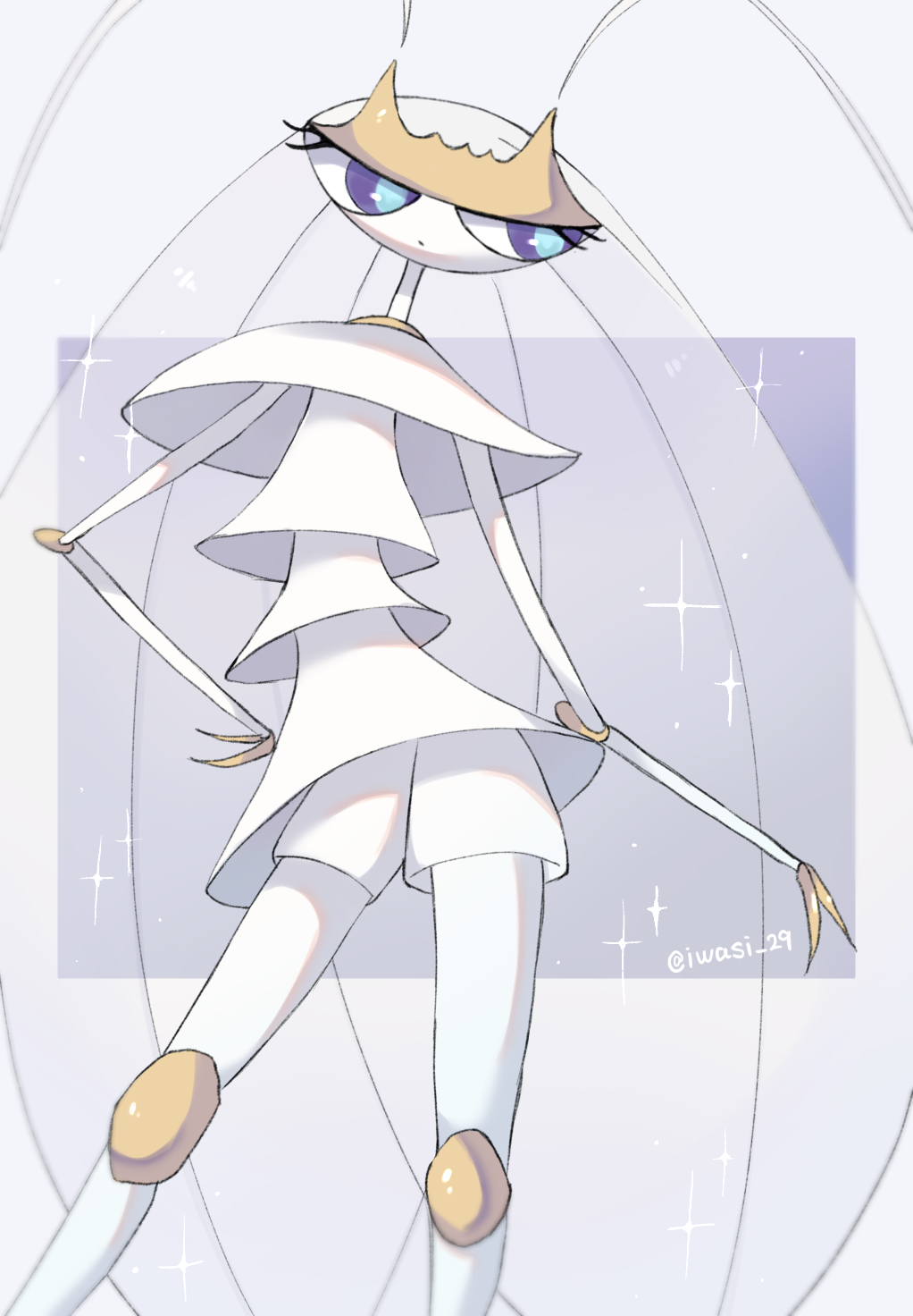 antennae, artist_name, blue_pupils, closed_mouth, colored_skin, commentary_request, gen_7_pokemon, highres, iwasi_29, joints, nintendo, pheromosa, pokemon, pokemon_(creature), purple_background, purple_eyes, sparkle, standing, twitter_username, two-tone_background, ultra_beast, white_background, white_hair, white_skin
