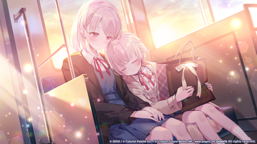 1girl, 1other, akiyama_mizuki, akiyama_yuuki, bag, black_jacket, blue_dress, blush