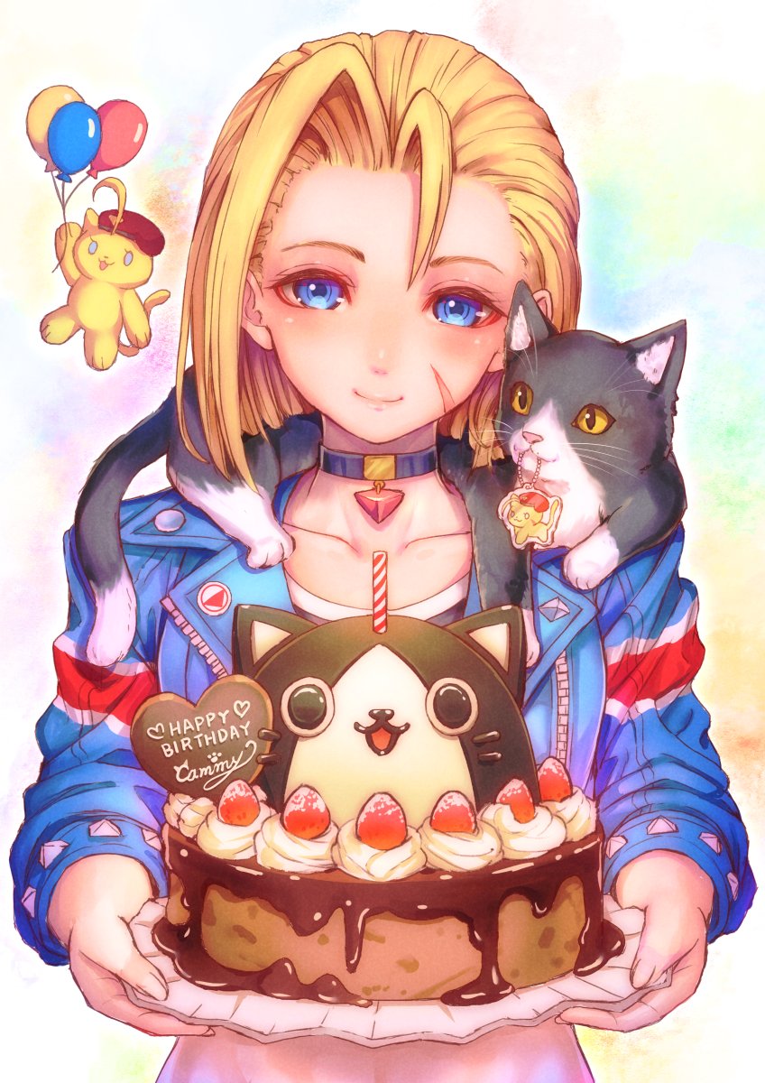 1girl, balloon, birthday, birthday_cake, blonde_hair, blue_eyes, cake, cammy_white