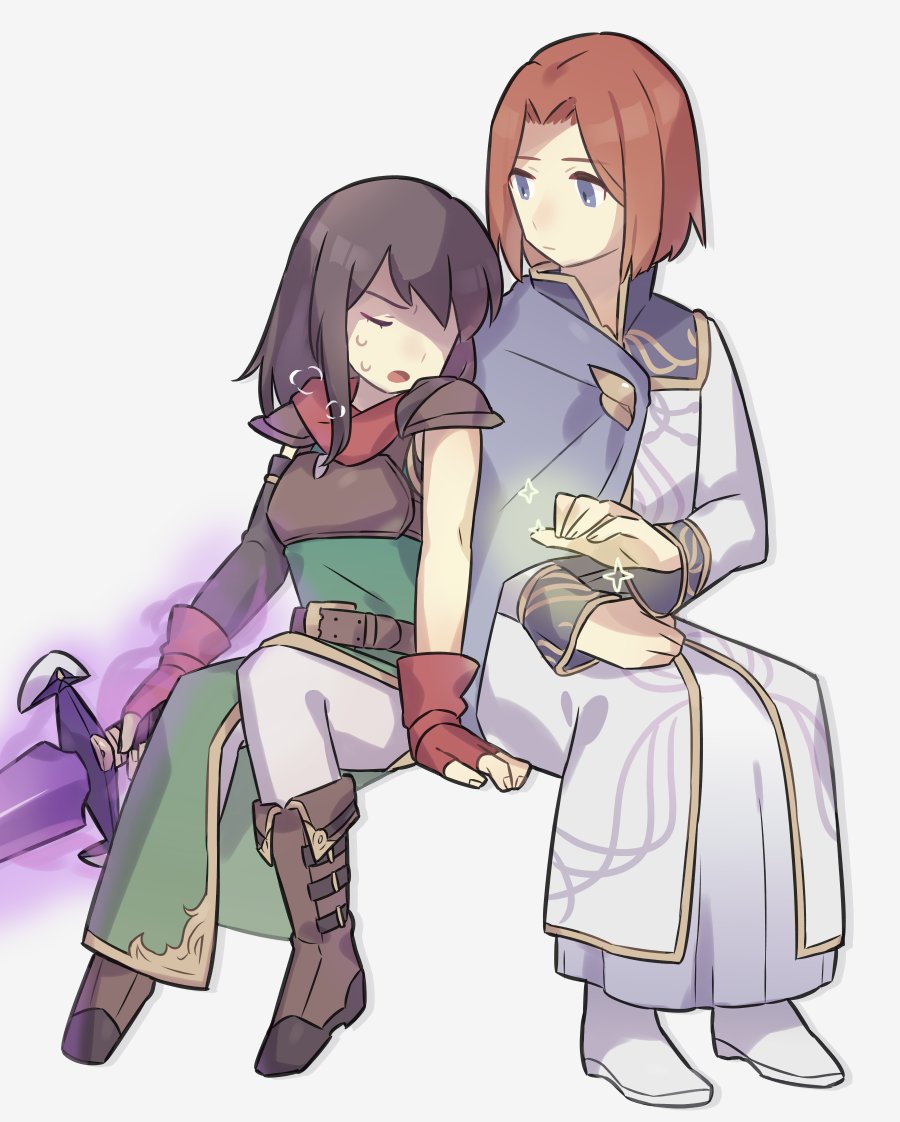 1boy, 1girl, aura, belt, black_hair, blue_eyes, boots, brown_footwear