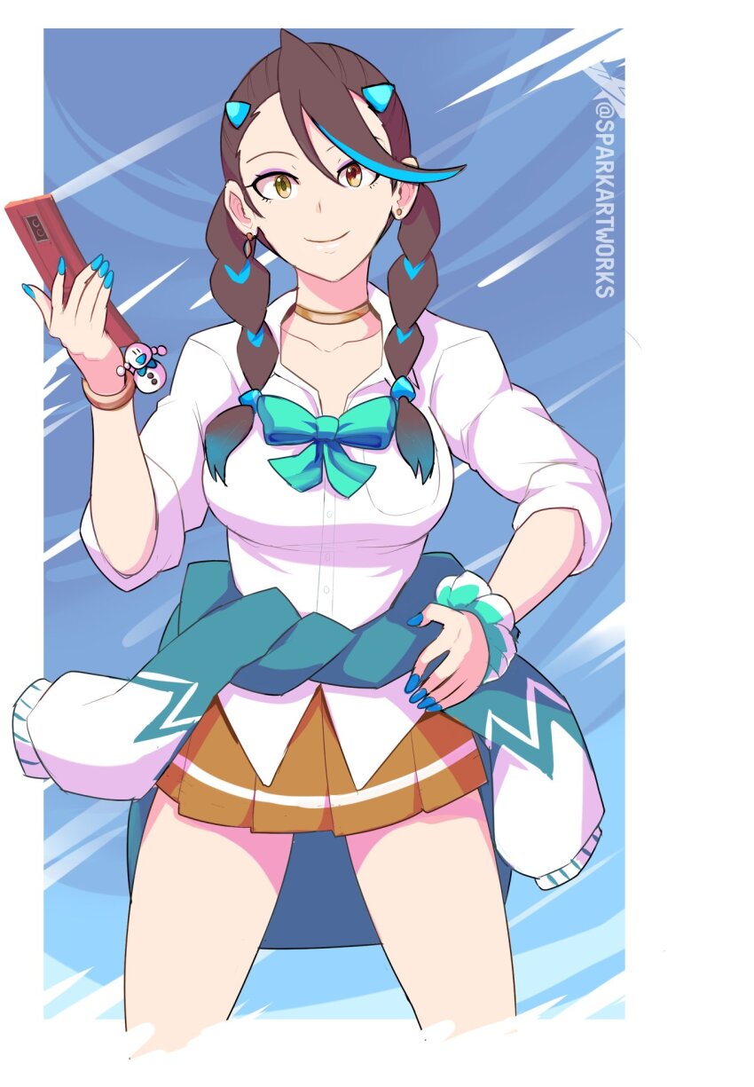 1girl, black_hair, breasts, brown_eyes, candice_(pokemon), cellphone, clothes_around_waist, earrings