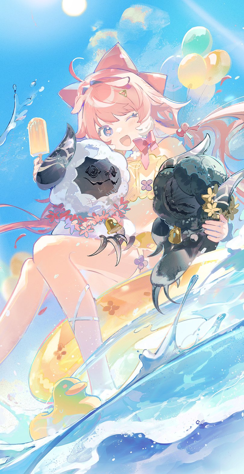 1girl, ;d, ahoge, encore_(wuthering_waves), balloon, bikini, blue_eyes, bow, flower-shaped_pupils, food, hair_bow, highres, holding, holding_food, holding_popsicle, long_hair, low_twintails, one_eye_closed, open_mouth, pink_bikini, pink_bow, pink_hair, popsicle, rubber_duck, satonishi, smile, solo, swept_bangs, swimsuit, symbol-shaped_pupils, twintails, water, wuthering_waves