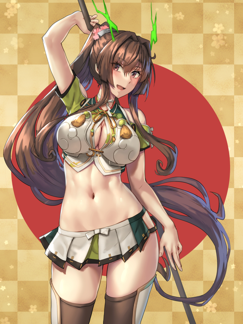 1girl, alternate_costume, blush, breasts, brown_hair, checkered_background, cleavage_cutout, clothing_cutout