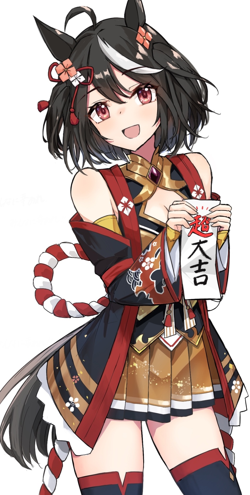 1girl, ahoge, animal_ears, bare_shoulders, black_hair, black_thighhighs, bob_cut, breasts