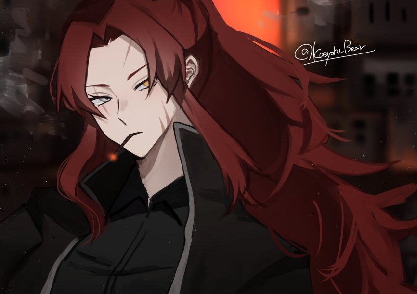 1girl, artist_name, black_coat, black_shirt, coat, commentary_request, gebura_(project_moon), grey_eyes