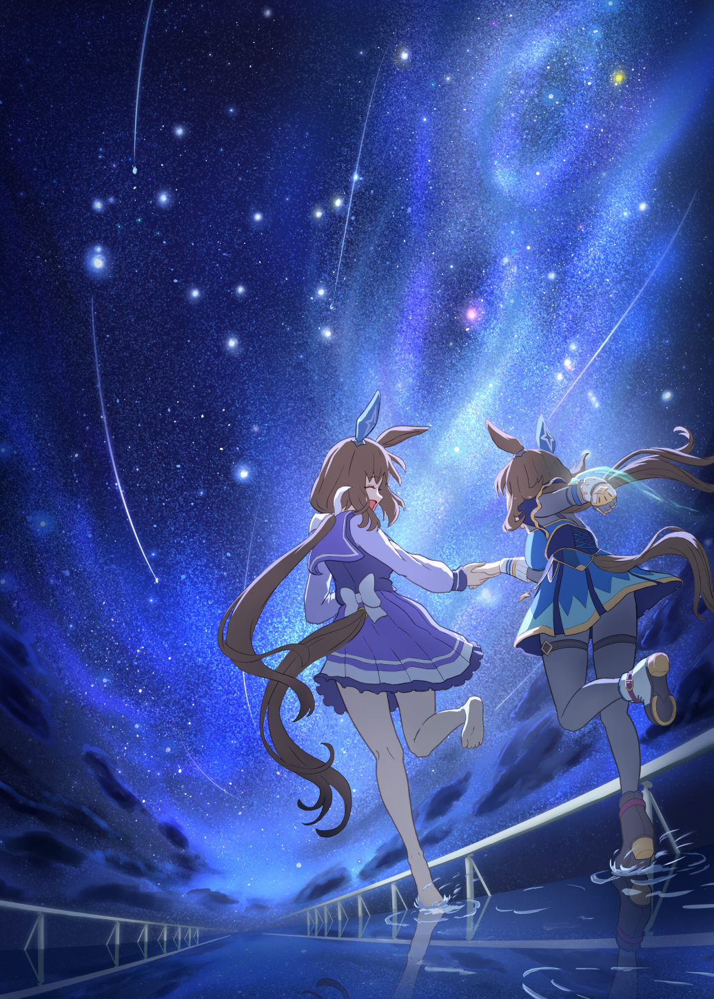 2girls, admire_vega's_twin_sister_(umamusume), admire_vega_(umamusume), agepan._(pangcha3324), animal_ears, barefoot, closed_eyes, highres
