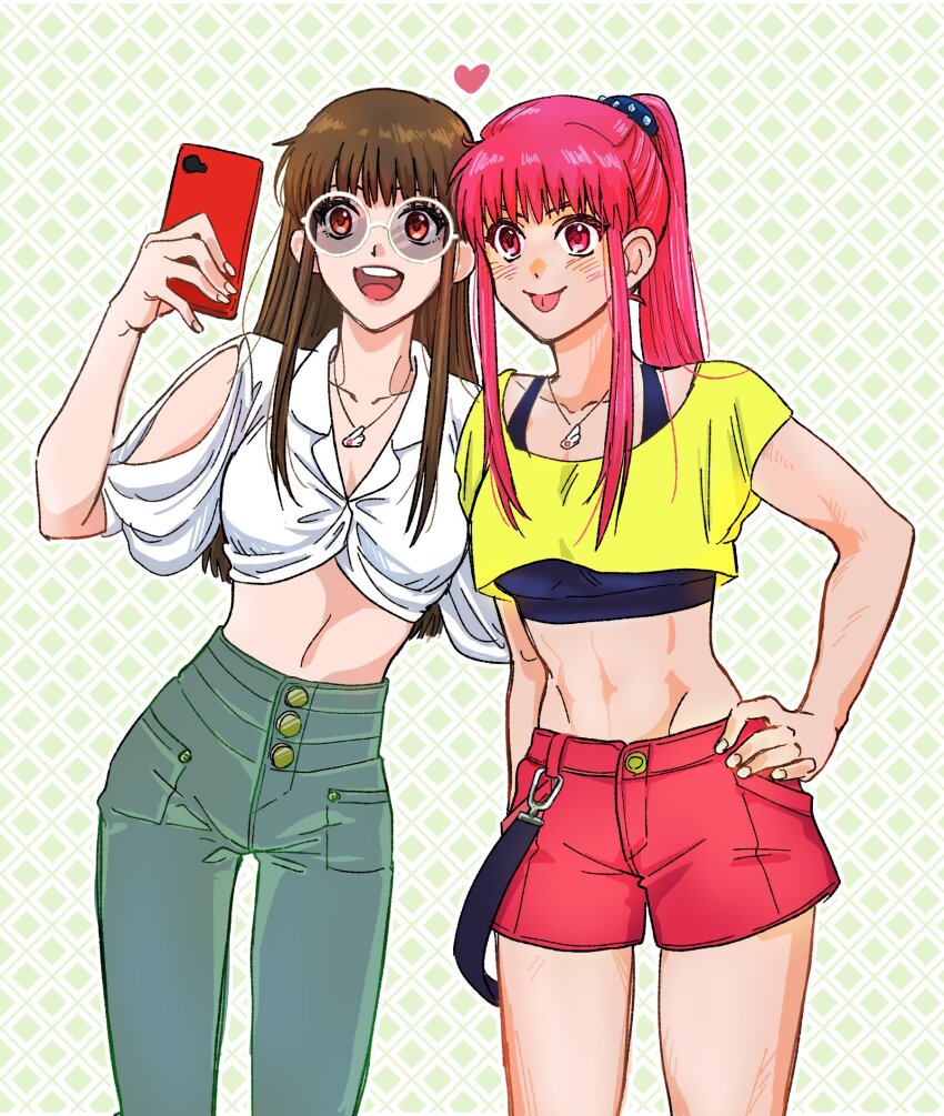 2girls, alternate_hairstyle, black_sports_bra, breasts, brown_eyes, brown_hair, casual, commentary_request, cropped_shirt, groin, hakubi_roka01, high-waist_pants, highres, jewelry, konjiki_no_gash!!_2, medium_breasts, midriff, multiple_girls, necklace, open_mouth, oumi_megumi, pants, pink_eyes, pink_hair, ponytail, red_shorts, selfie, short_shorts, shorts, sidelocks, smile, sports_bra, tio_(konjiki_no_gash!!), tongue, tongue_out