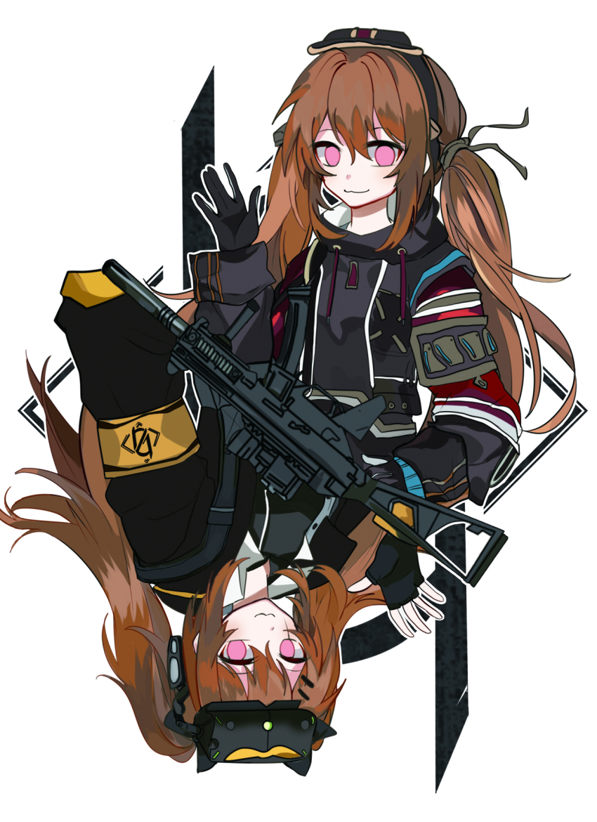 1girl, 404_(girls'_frontline), :3, armband, black_gloves, black_hoodie, black_jacket, brown_hair, drawstring, girls'_frontline, gloves, gun, h&amp;k_ump, half_gloves, headgear, heituitui, highres, hood, hood_down, hoodie, jacket, long_hair, looking_at_viewer, low_twintails, night_vision_device, rotational_symmetry, scar, scar_across_eye, scar_on_face, simple_background, single_half_glove, submachine_gun, twintails, ump9_(girls'_frontline), upper_body, upside-down, waving, weapon, white_background, yellow_armband
