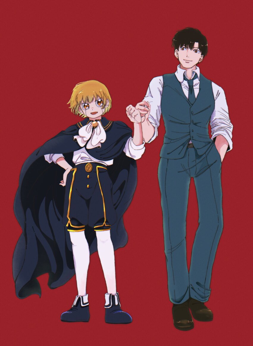 2boys, black_hair, black_shorts, blonde_hair, blue_cape, brown_eyes, cape, collared_shirt, commentary_request, formal_clothes, gash_bell, grey_necktie, grey_vest, hand_in_own_hair, highres, konjiki_no_gash!!, konjiki_no_gash!!_2, male_focus, multiple_boys, necktie, nenee37, open_mouth, orange_eyes, red_background, shirt, shoes, shorts, simple_background, smile, suit, takamine_kiyomaro, vest