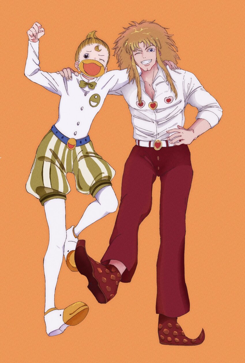 2boys, arm_around_shoulder, black_eyes, clenched_hand, grin, hand_on_own_hip, highres, kanchome_(konjiki_no_gash!!), konjiki_no_gash!!, konjiki_no_gash!!_2, male_focus, multiple_boys, nenee37, one_eye_closed, open_mouth, orange_hair, pants, parco_folgore, pointy_shoes, red_pants, shoes, shorts, sidelocks, smile, striped_clothes, striped_shorts