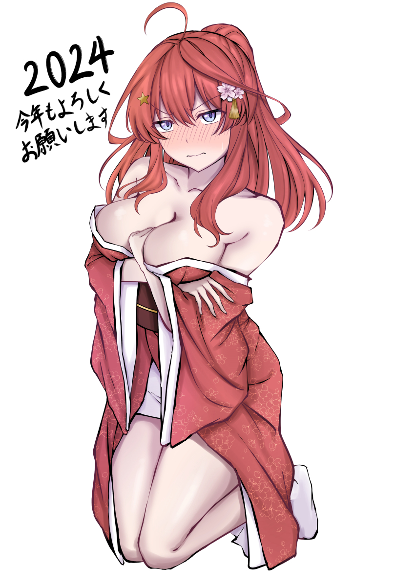 1girl, 2024, absurdres, ahoge, alternate_costume, alternate_hairstyle, arm_under_breasts, bare_shoulders, blue_eyes, blush, breasts, cleavage, collarbone, commentary_request, embarrassed, floral_print, floral_print_kimono, flower, full_body, go-toubun_no_hanayome, hair_between_eyes, hair_flower, hair_ornament, happy_new_year, highres, japanese_clothes, kanzashi, kimono, kneeling, konro_yoyogei, large_breasts, long_hair, looking_at_viewer, nakano_itsuki, new_year, obi, off_shoulder, ponytail, print_kimono, red_hair, red_kimono, sash, socks, solo, star_(symbol), star_hair_ornament, tassel, tassel_hair_ornament, white_socks, wide_sleeves