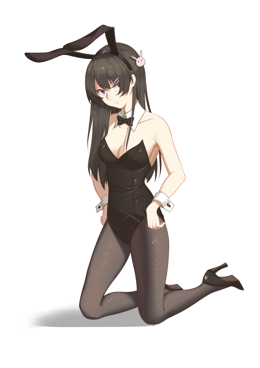 1girl, absurdres, animal_ear_headwear, animal_ears, black_bow, black_bowtie, black_footwear, black_hair
