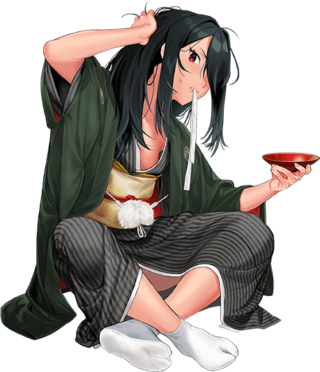 1girl, black_hair, blush, breasts, crossed_legs, cup, hair_over_one_eye, haori