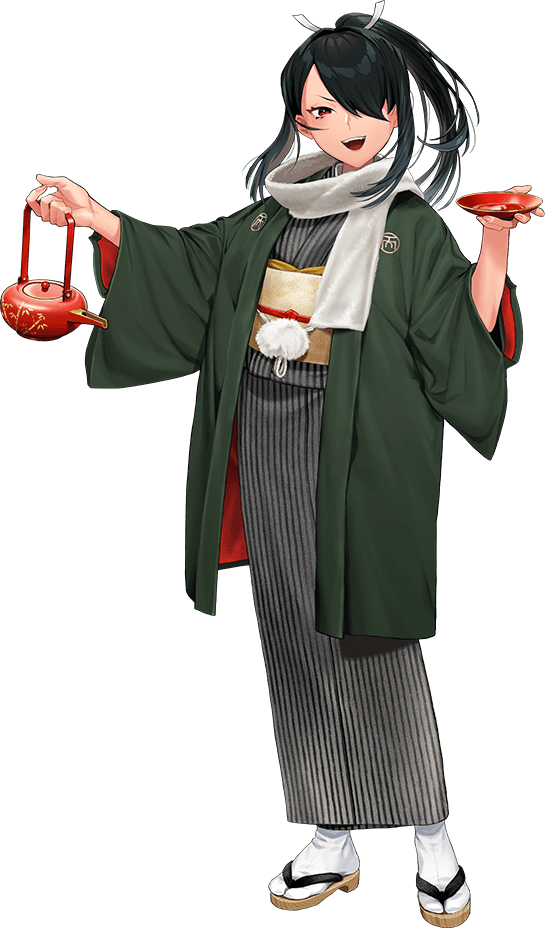 1girl, black_hair, cup, hair_over_one_eye, haori, holding, holding_cup, japanese_clothes, kantai_collection, kimono, kumano_maru_(kancolle), kumano_maru_(new_year)_(kancolle), long_hair, looking_at_viewer, official_art, open_mouth, ponytail, red_eyes, sakazuki, sandals, scarf, sidelocks, smile, solo, tabi, teapot, umihara_sakana, zouri