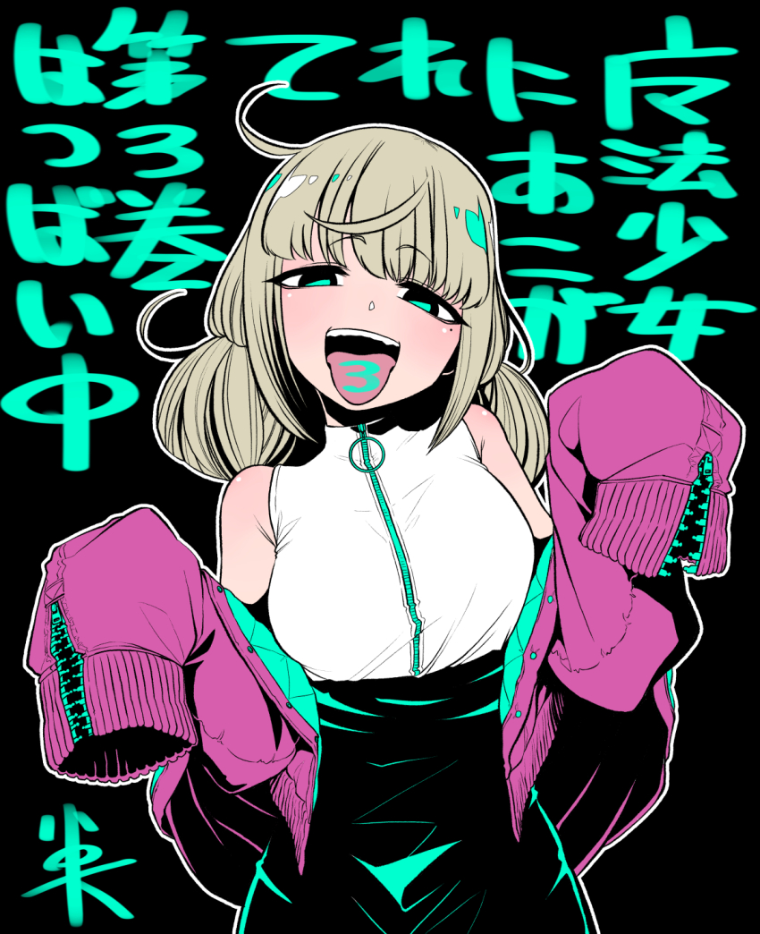 1girl, ahoge, aqua_eyes, araga_kiwi, black_background, black_skirt, blonde_hair, breasts