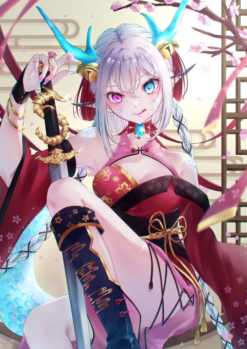 1girl, bare_shoulders, bell, blue_eyes, boots, bracelet, braid, breasts, crystal_horns, dragon_girl, dragon_ornament, dragon_tail, dress, floral_print, gold_bracelet, hair_between_eyes, heterochromia, highres, holding, horns, japanese_clothes, jewelry, katana, kimono, kuonnekosuki, long_bangs, long_hair, long_sleeves, looking_at_viewer, medium_breasts, nail_polish, nengajou, new_year, original, petals, pink_skirt, pointy_ears, purple_eyes, sash, scales, sidelocks, skirt, smirk, solo, strapless, strapless_dress, sword, tail, tassel, thighs, translation_request, twin_braids, weapon