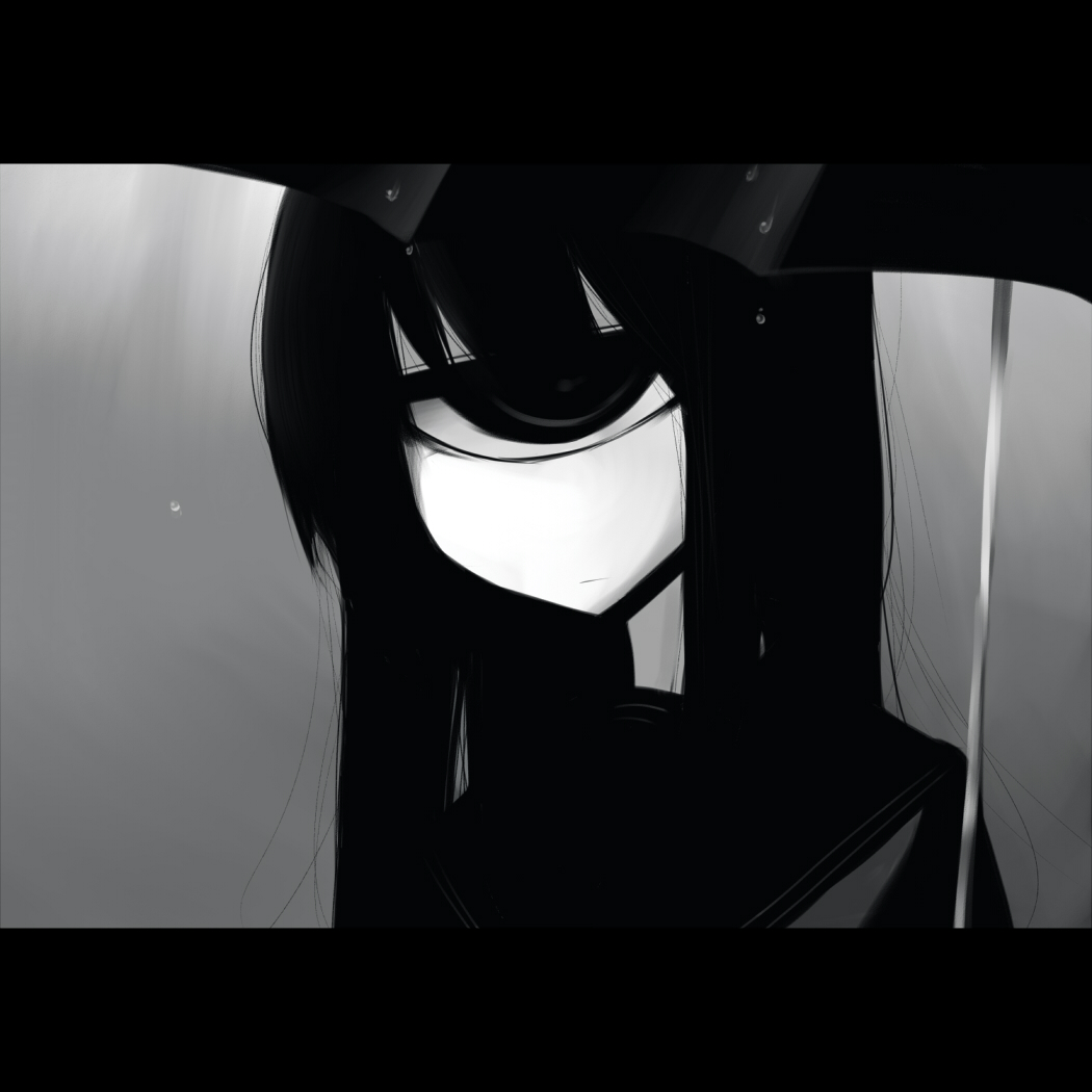 1girl, black_hair, cyclops, expressionless, female_focus, greyscale, hair_over_one_eye, konohana_saku