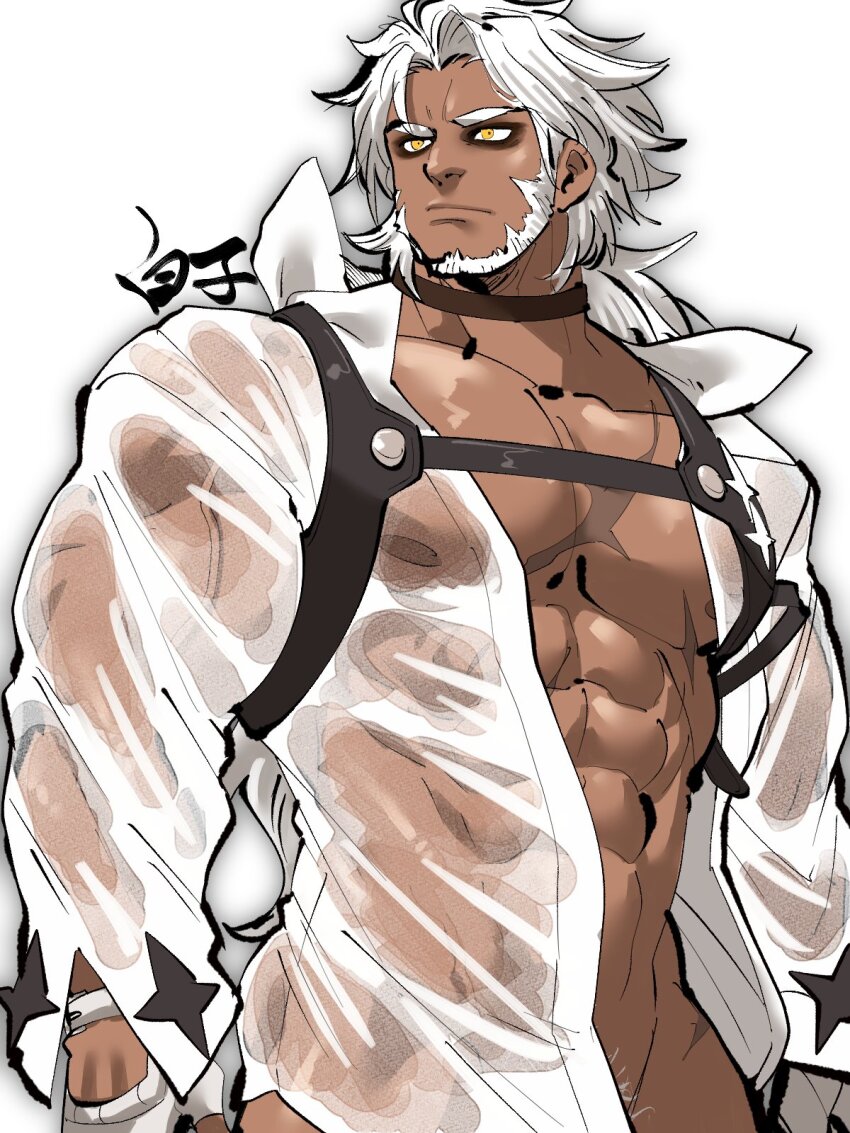 1boy, abs, alchemy_stars, bara, bare_pectorals, beard, convenient_censoring, cowboy_shot, dark-skinned_male, dark_skin, facial_hair, framed_pectorals, from_below, full_beard, gram_(alchemy_stars), highres, large_pectorals, long_hair, looking_to_the_side, male_focus, mature_male, muscular, muscular_male, nipples, official_alternate_costume, open_clothes, open_shirt, pectorals, pubic_hair, pubic_hair_peek, see-through_clothes, shirako_(kirupi), shirt, solo, thick_eyebrows, veins, veiny_arms, white_hair, yellow_eyes