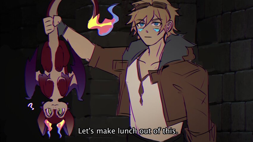 1boy, blonde_hair, blue_eyes, brick_wall, brown_gloves, brown_jacket, collarbone, cowboy_shot, dungeon_meshi, english_text, ezreal, fingerless_gloves, fire, gloves, hair_between_eyes, highres, holding, jacket, league_of_legends, open_clothes, open_jacket, shirt_tucked_in, short_hair, smolder_(league_of_legends), sudo_(pseudostars)