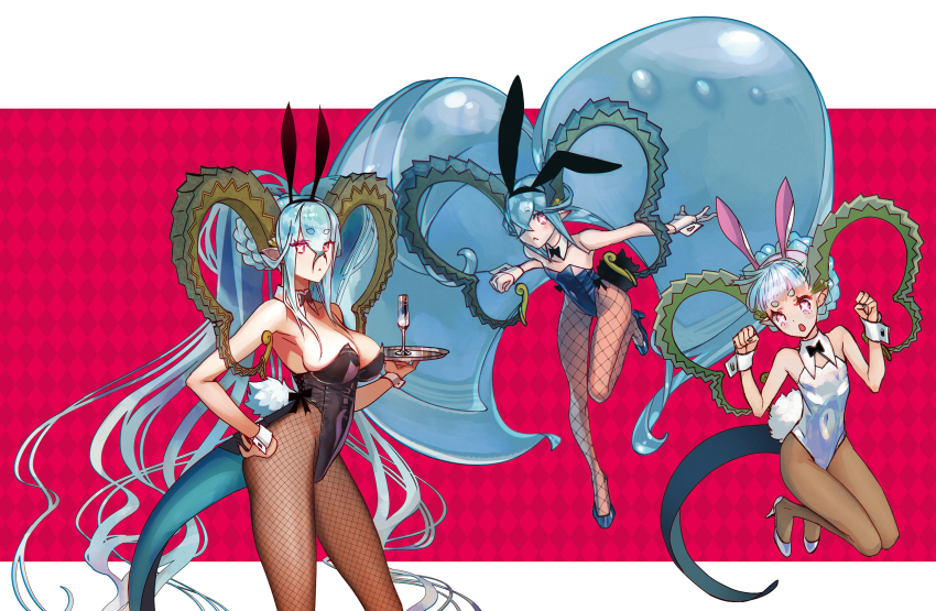 3girls, animal_ears, aqua_hair, black_leotard, blue_leotard, braid, braided_bun, breasts