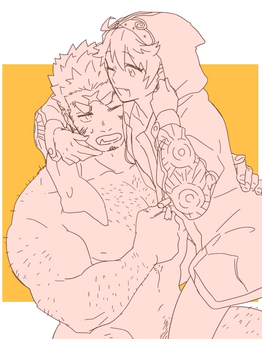 2boys, arm_hair, back_hair, bara, blush, bone_color919, borrowed_clothes, chest_hair