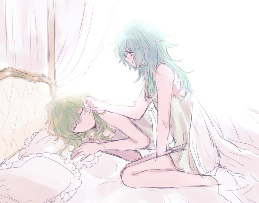 2girls, adjusting_another's_hair, aqua_eyes, aqua_hair, babydoll, bare_arms, breasts, commentary_request